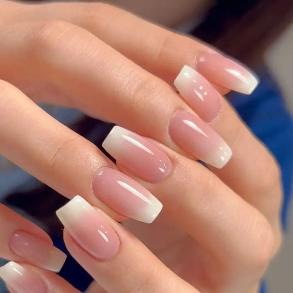 Long Ballerina False Nails New Full Cover Aurora Gradient Pink White Fake Nails French Crystal Detachable Nail Tips Women Girls