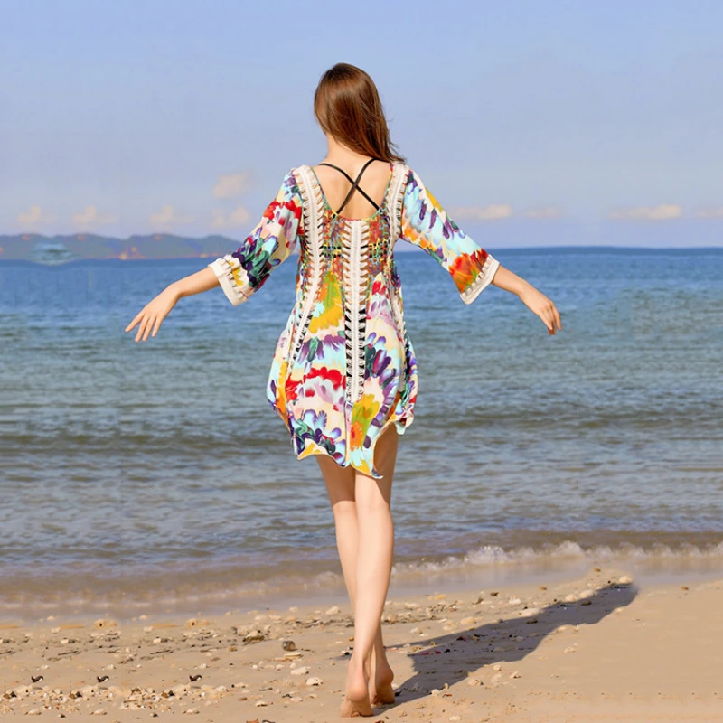 Colourful Print Bikini Cover Ups Women Summer 2023 Beach Dress Patchwork Hollow Out Crochet Wave Hem Loose Long Cape Vestido