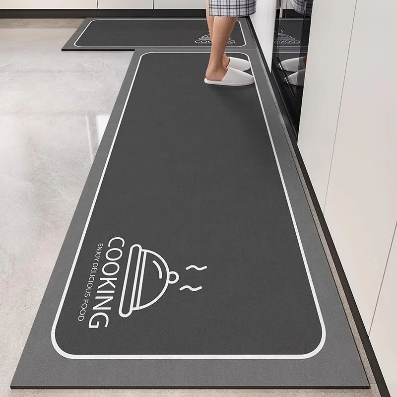 Kitchen Floor Mat Black Tableware Pattern Carpet Home Decor Waterproof Oil-proof Leather Non-slip Area Rug Alfombra De Cocina