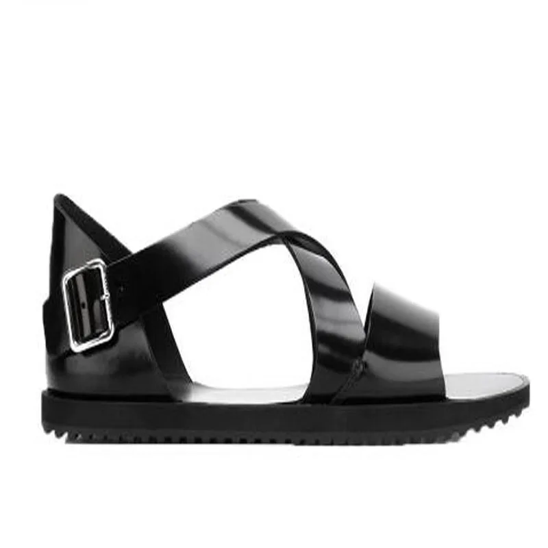 Summer Black Genuine Leather Low Top Cross Strap Flat Sandals Round Open Toe Buckle Strap Gladiator Leisure Beach Sandals Shoes