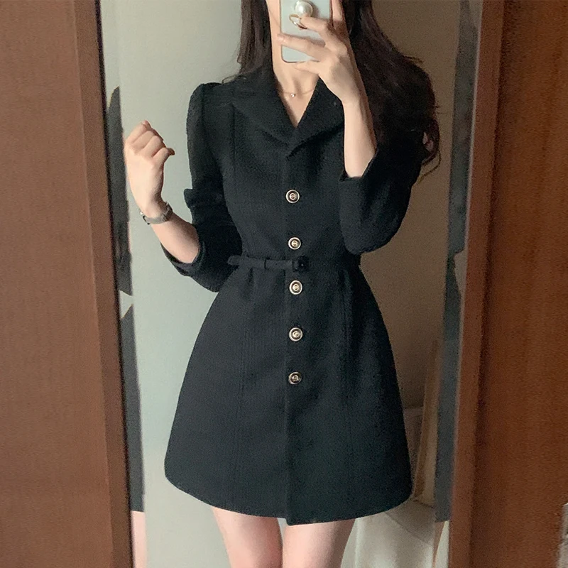 Long Sleeve French Elegant Commuter Vestidos Collar Long Sleeve Single-breasted Slim Casual Tweed Dress Women Autumn Winter