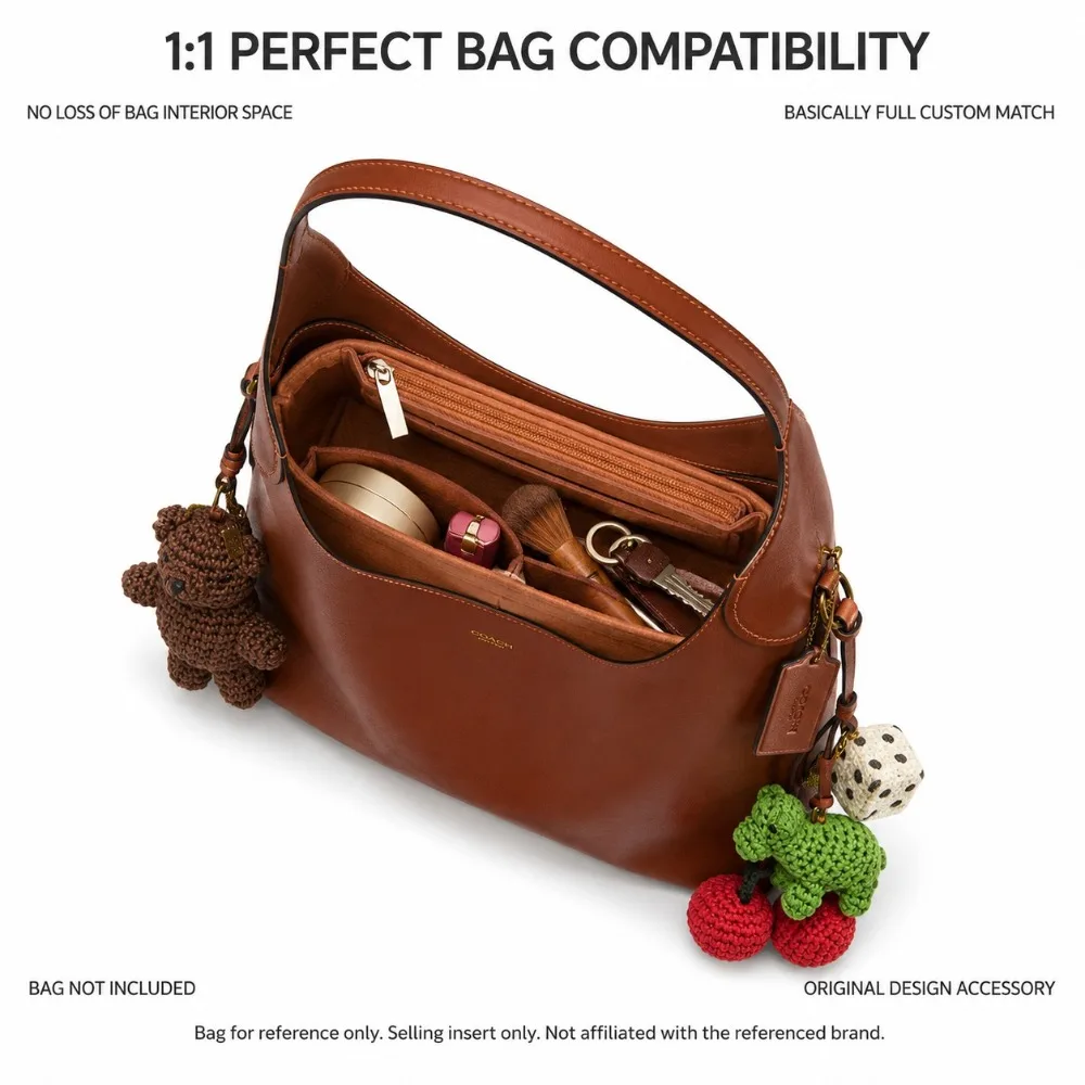 Felt Purse Organizer Insert Soft Brown Bag Shaper With Zipper Pocket Multiple Compartments For Hobo Shoulder Handbag Travel Use