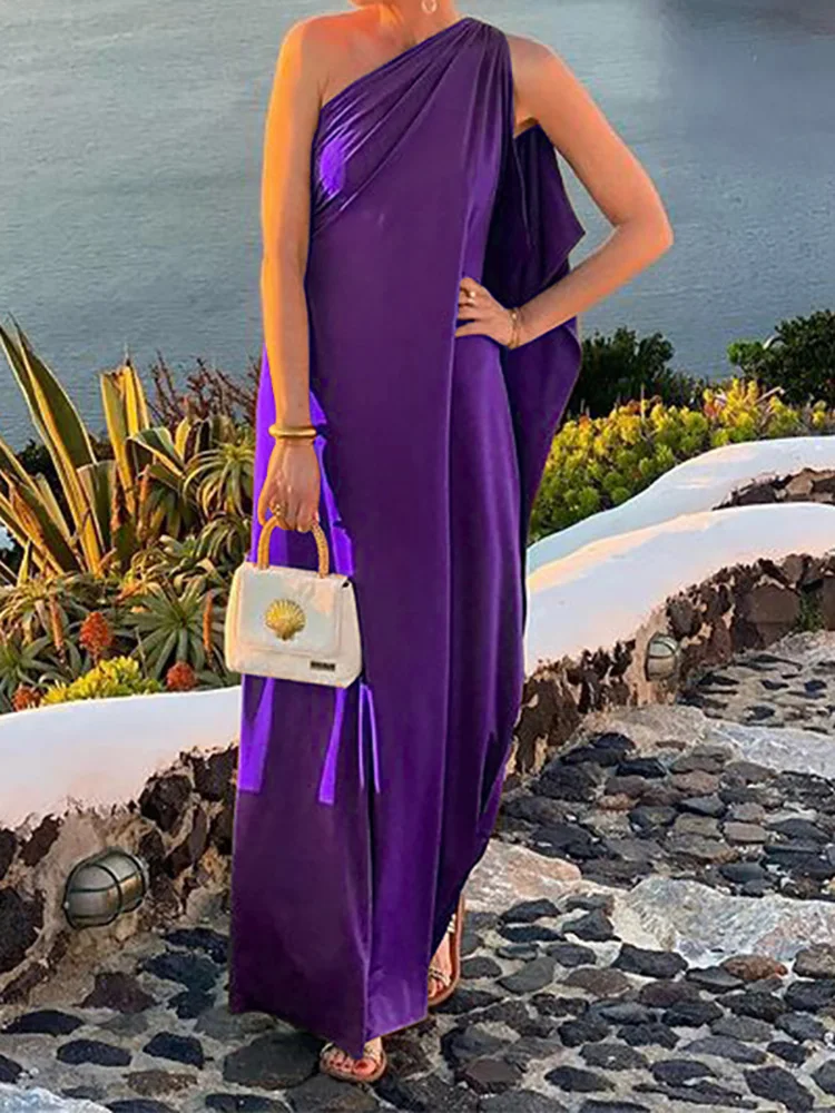 Sleeveless Patchwork Fashion Maxi Dress, Women Summer Diagonal Collar Elegant Party Dress, 2025 One Shoulder Simple Ladies Dress