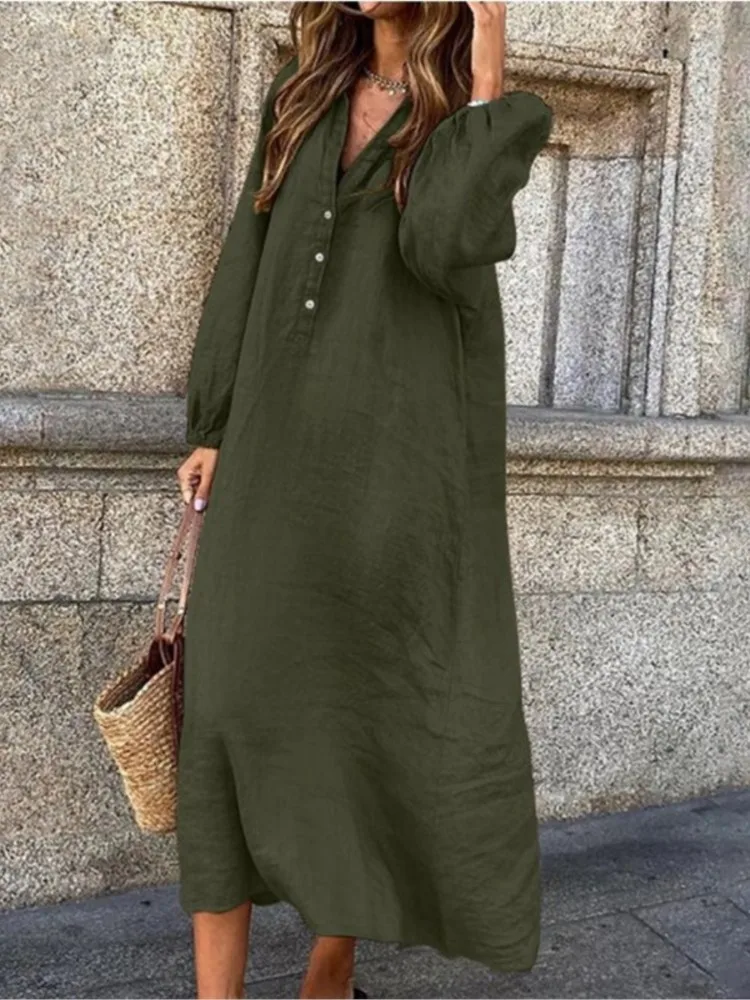 

Spring New Arrival Ladies Dress Cotton Linen V-Neck Long Sleeve Women Dress Summer Elegant Button Decoration Female Clothing