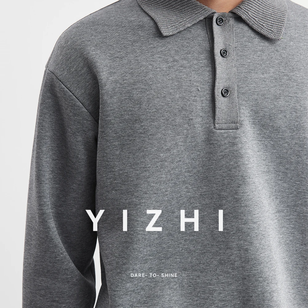 Fashion Men's Fleece-Lined Thickened Polo Collar Sweatshirt 2025 Autumn Winter New American Solid Color Long Sleeve Pullover