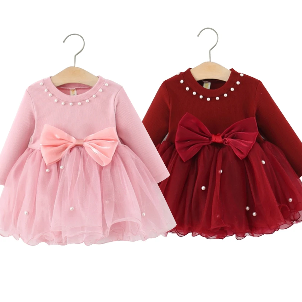 

Baby Girl One-piece Dress Knit Pearl Neck Xmas Princess Dresses Autumn Causal Children Clothes Daily Puff Vestidos 3M-3Y Toddler