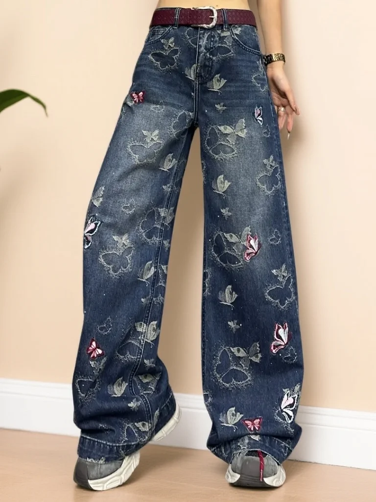 

Faionable High Waist Loose Embroidered Denim Pants Wide Leg Pants for Women Ele Slimming Trendy 2026 New Arrival