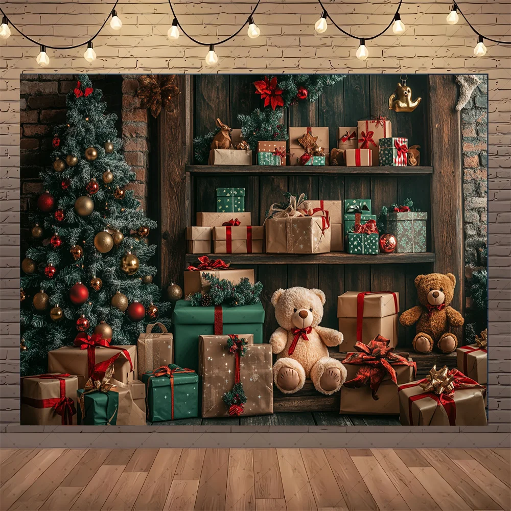 

Christmas Doll Bear Photography Background Gifts Tree Wall Home Wooden Floor Children Baby Photo Shoot Prop Room Decoration Gift