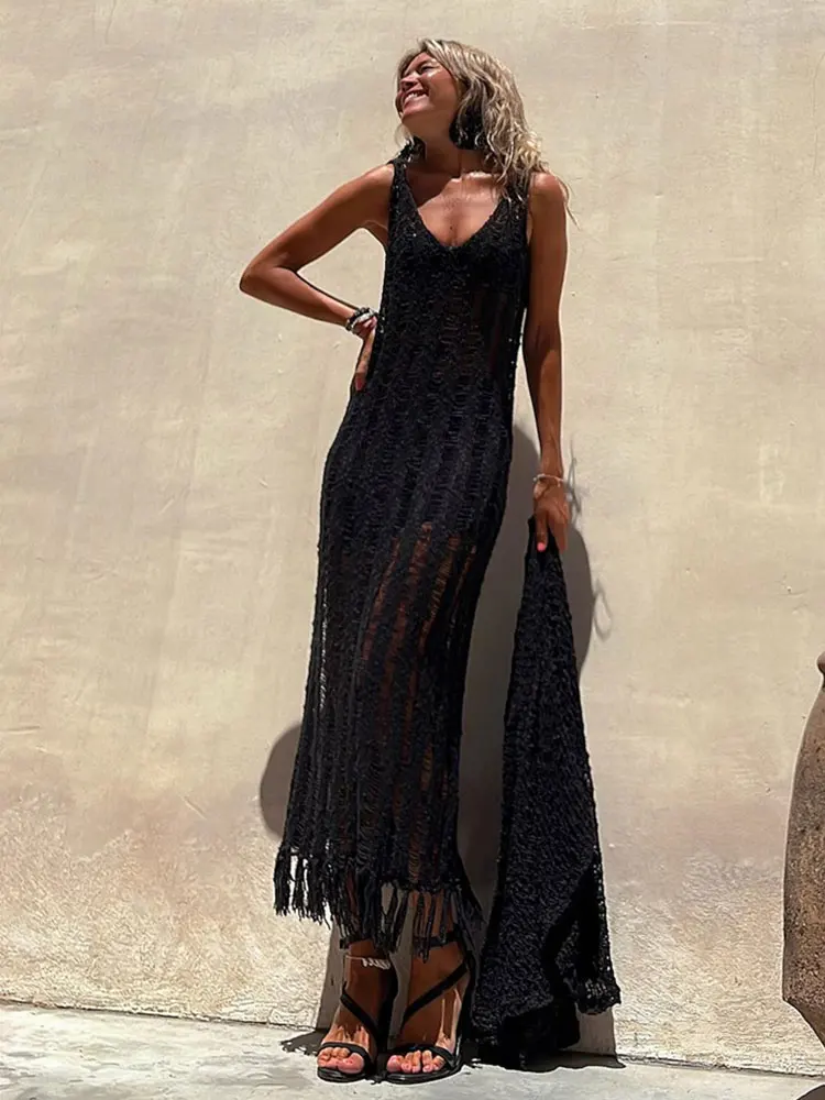 2024 Sexy See Through Mesh Slim Bodycon Summer Beach Maxi Dress Tassel Hollow Out Bikinis Cover-ups Knitted Beachwear A2375