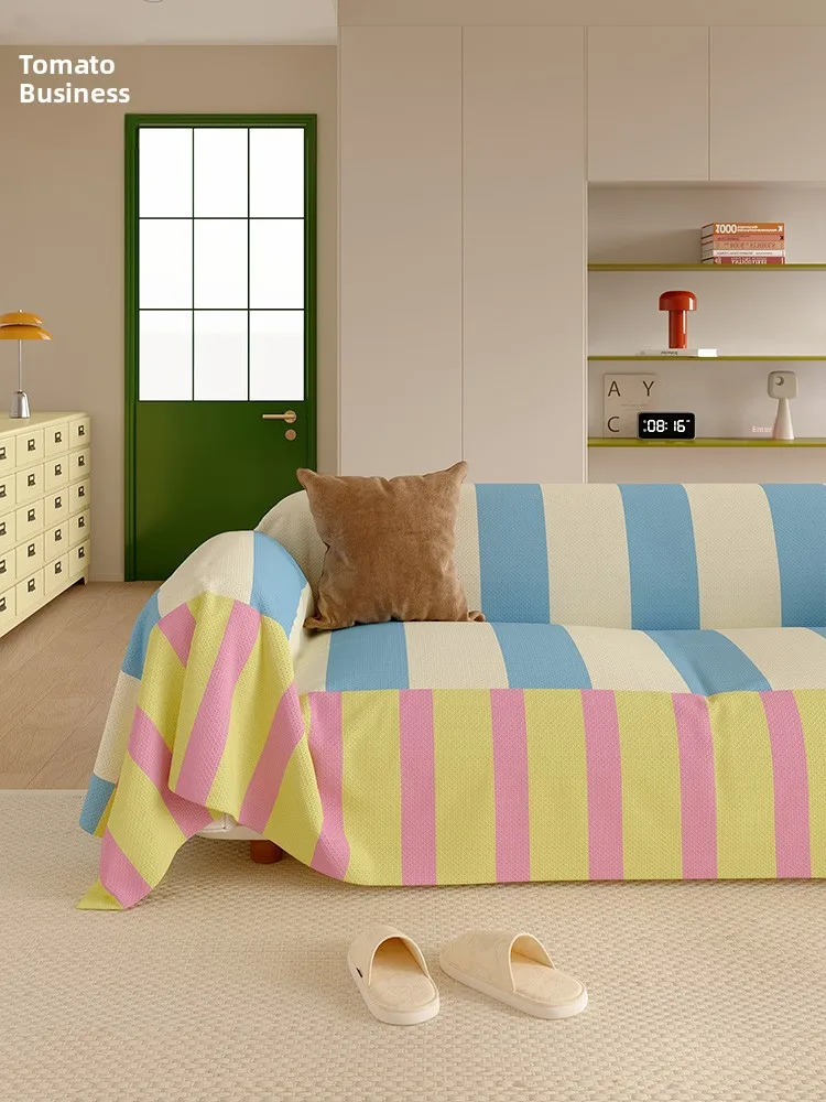 غطاء أريكة مخطط ملون على الطراز الكوري لغرفة المعيشة المنزلية مقاوم للغبار قماش أريكة منشفة غطاء أريكة عصري بسيط عالمي #5