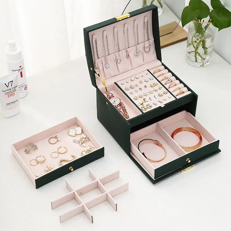 Multi-functional Three-layer Leather Drawer-style Jewelry Box Earrings Lock Jewelry Box Necklace Ring Storage Box for Women Gift