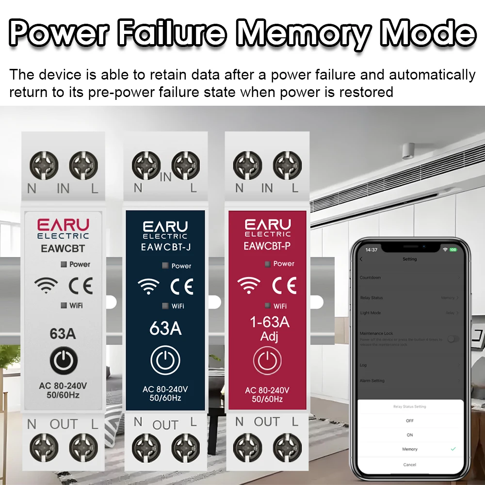 EARU Tuya App Smart WiFi MCB Schutzschalter Strom-Spannungs-Leistungs-Energie-kWh-Zähler Schutzschalter Timer Relais Schalter Fernbedienung – Detail 5