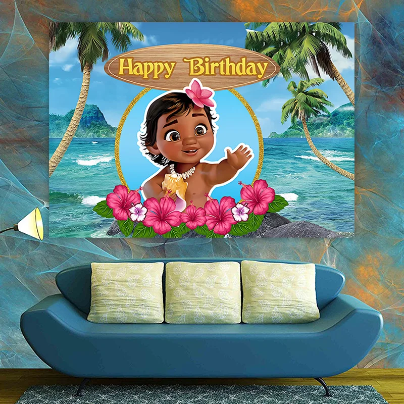 Fondo de tela con tema de dibujos animados de Moana de Disney, fotografía de princesa para niña, decoración para fiesta de cumpleaños, cartel para Baby Shower Vaiana