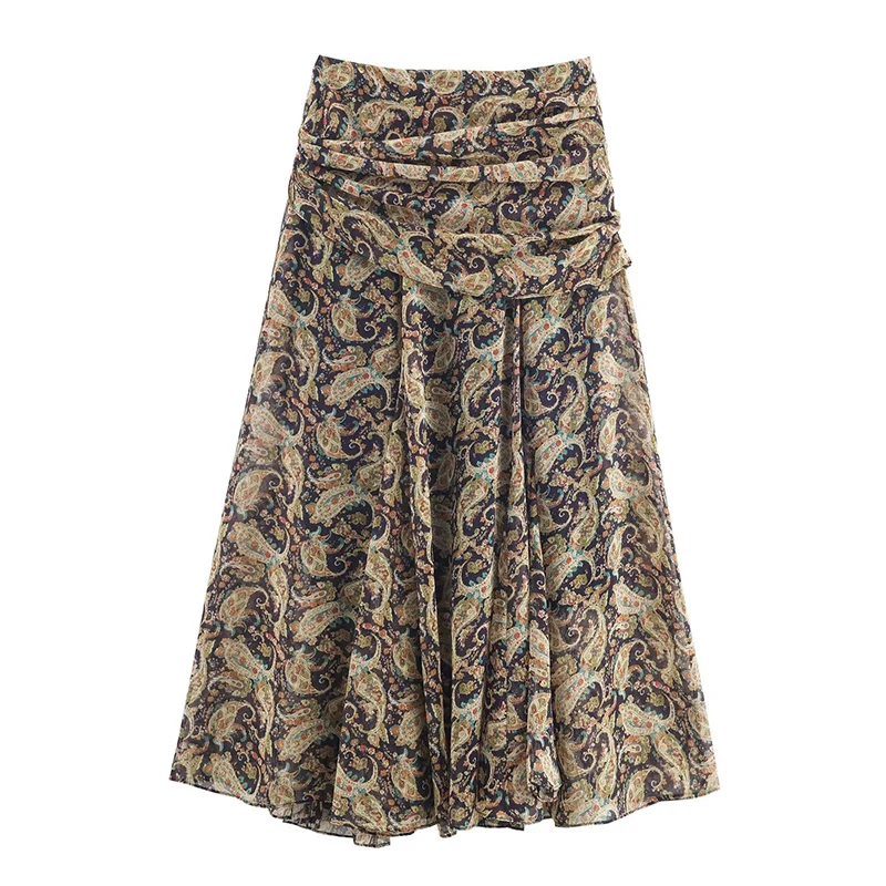 エレガントなプリント柄のレースアッププリーツロングスカート、女性用ルーズハイウエストAラインミディスカート、2025年秋レディースパーティーイブニングウェア