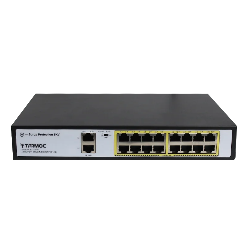 Tarmoc POE Switch 16 Port 1Gbps, 2 Port Uplink 1Gbps（Ethernet）, 802.3af/at, Max total output 240 Watt, 8KV Surge Protection，VLAN