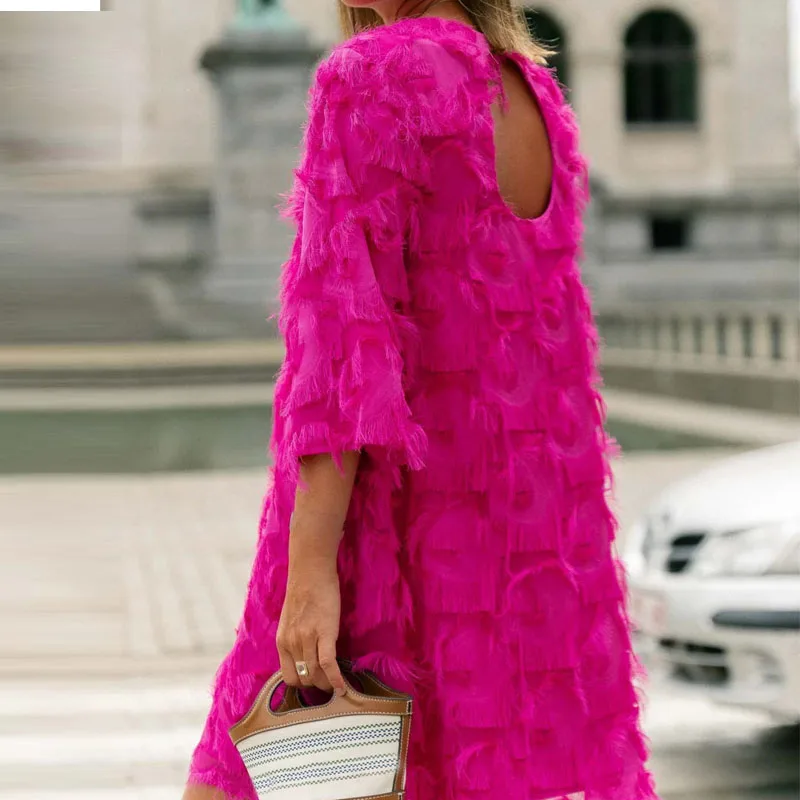 السيدات س الرقبة طويلة الأكمام بلون فستان الحفلات شرابة فضفاضة الشارع الشهير ميدي فستان أنيق مزاجه عالية الخصر مكتب اللباس #4