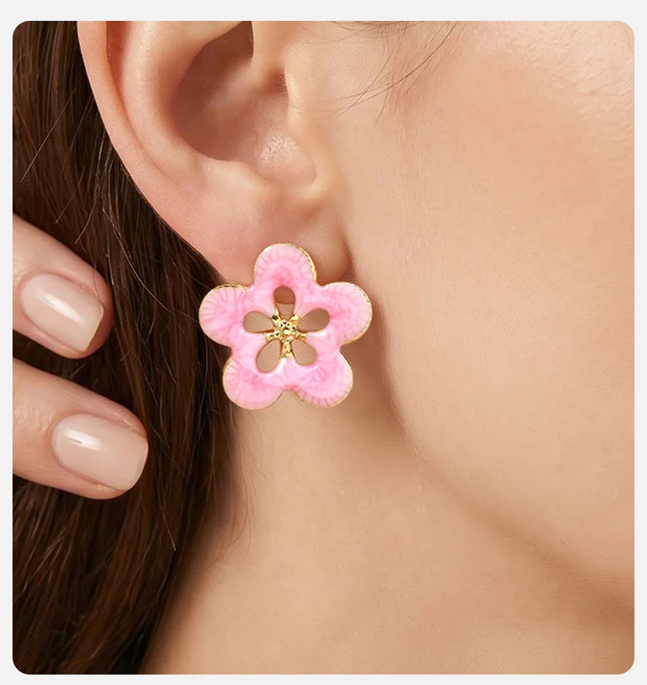 Vnox vergoldete Rosenblüten-Ohrringe für Damen, Edelstahl, niedliche rosa Emaille-Ohrstecker, französischer Stil, ästhetischer Schmuck – Detail 8