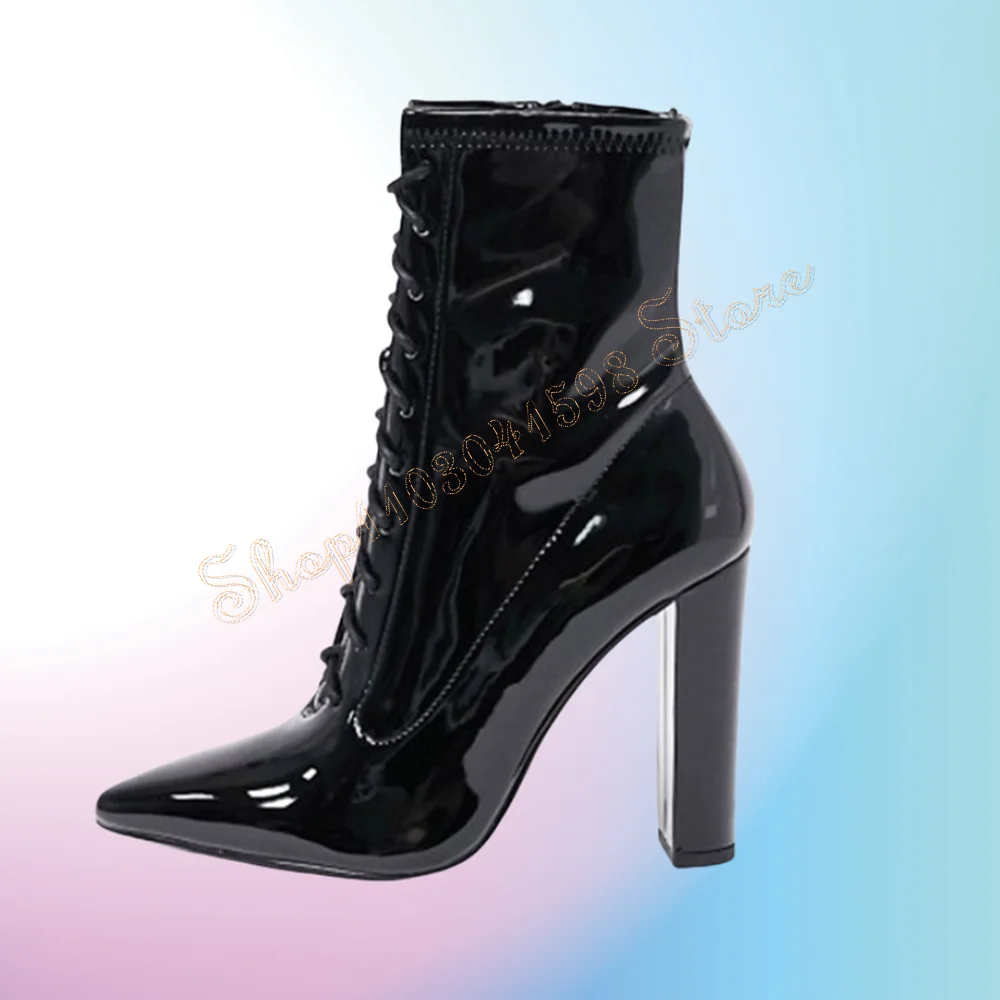 Black Side Zipper Pointed Toe Boots Mid Calf Patent Leather High Heel Shoes for Women  Heels 2024 New Zapatos Para Mujere