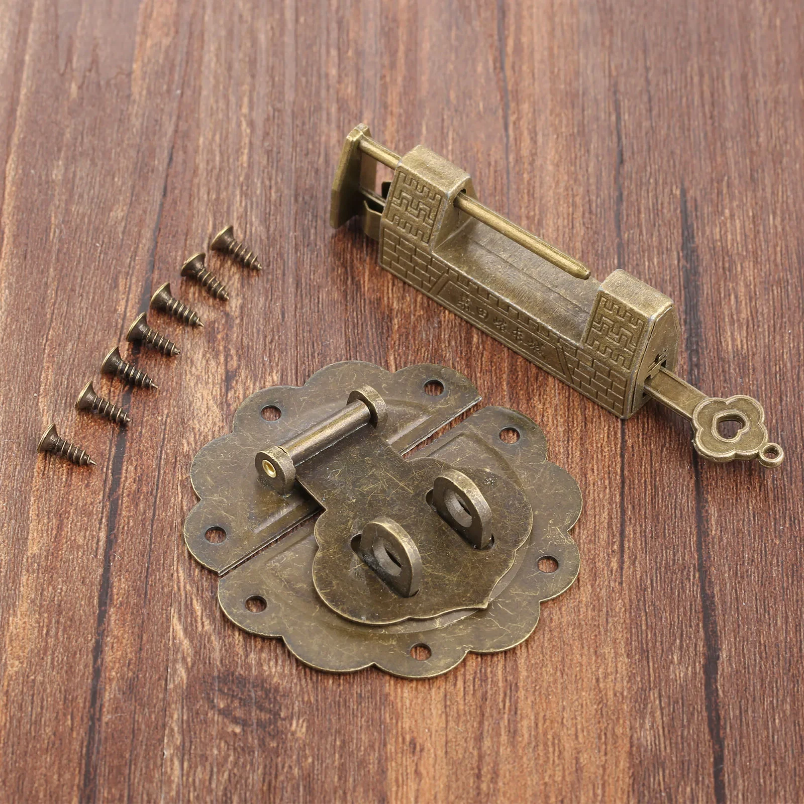 Antique Furniture Chinese Old Box Latch Hasp Buckle Clasp and Antique Bronze Lock Padlock for Cabinet Jewelry Wooden Box