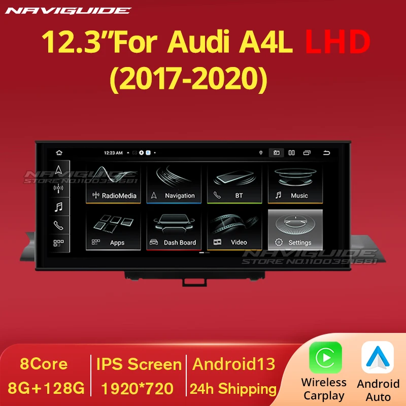 NAVIGUIDE 12.3''  Android 13 For Audi A4 A4L A5 LHD 2017-2020 Car Radio Carpaly Auto Multimedia Video Player GPS Navi BT 4G WIFI