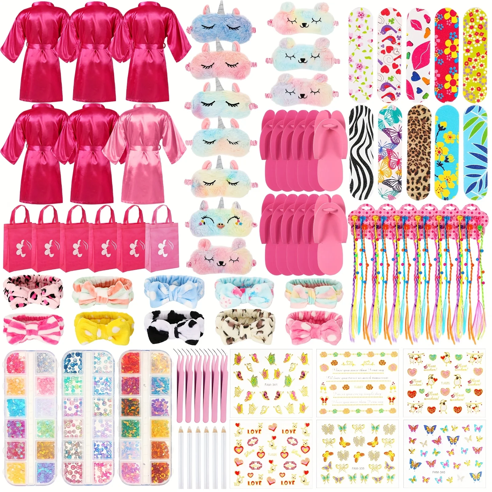 

6 Sets Girls Spa Birthady Party Supplies Birthday Print Satin Robe Tote Bags Spa Kit Nail Salon Kit (Rose Red Series)