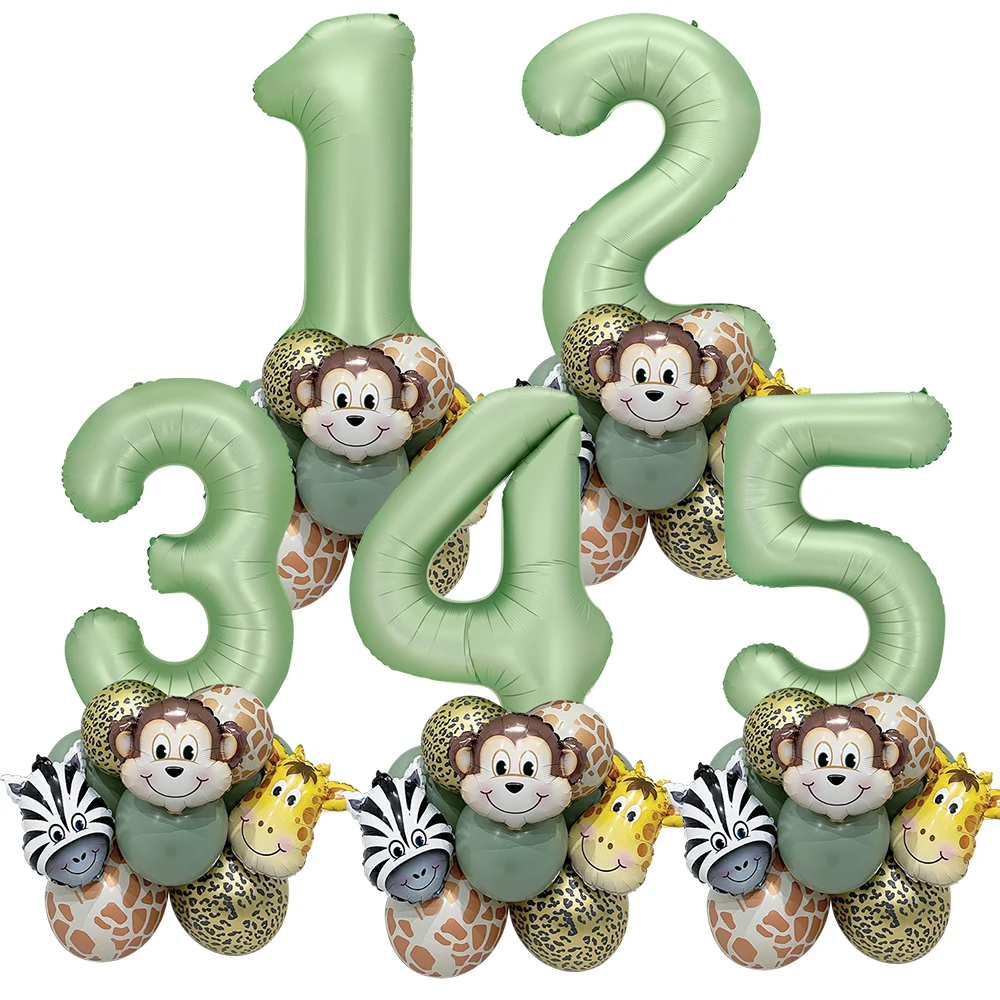 24pcs Carton Animal Balloons Tower Vintage Green Number Balloon for Kids Jungle Forest Birthday Party Jungle Safari Decorations