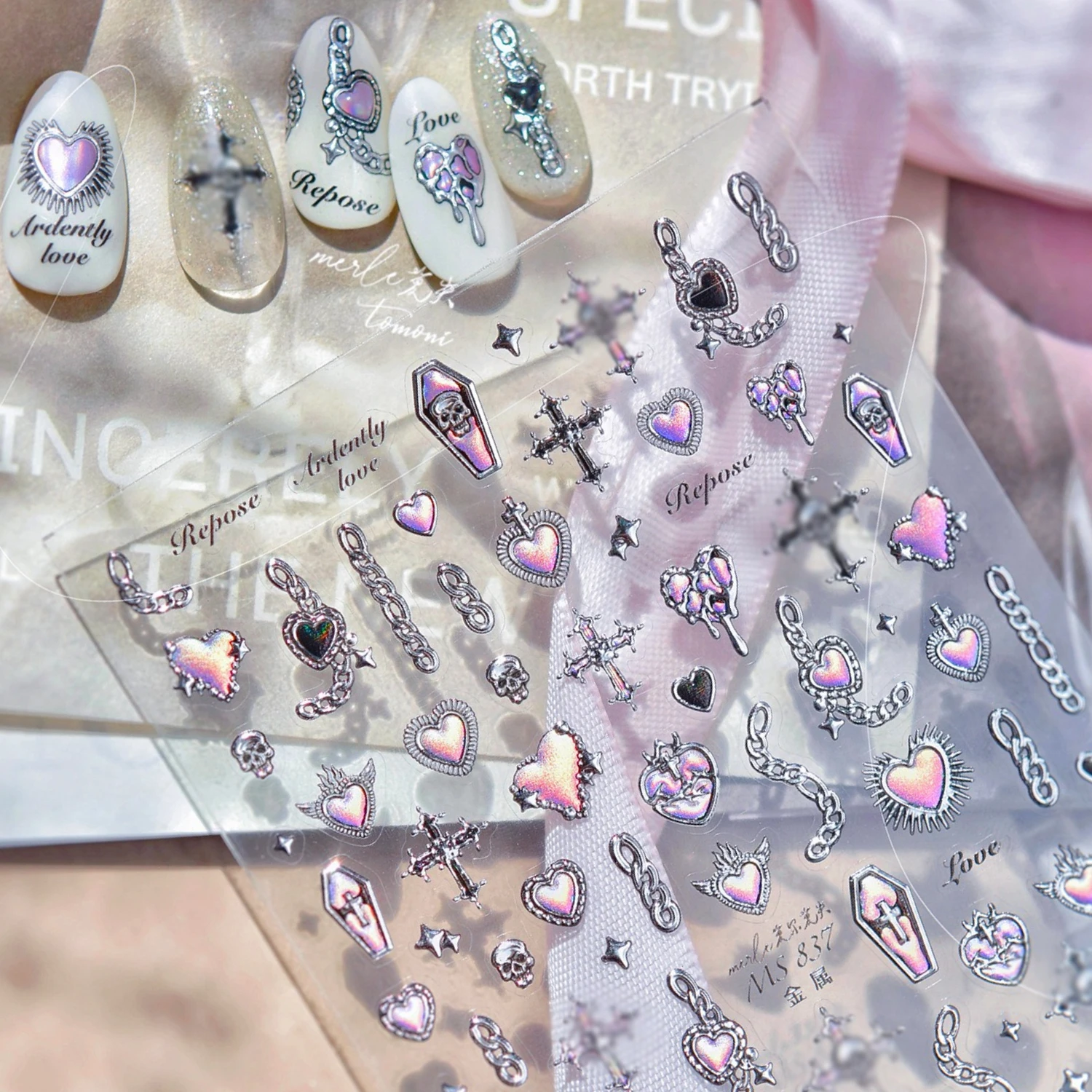 熱狂的にシルバー溶岩チェーンクール不規則なハートガードスケルトン星月棺ロックちょう結びネイルアートステッカーマニキュアデカール
