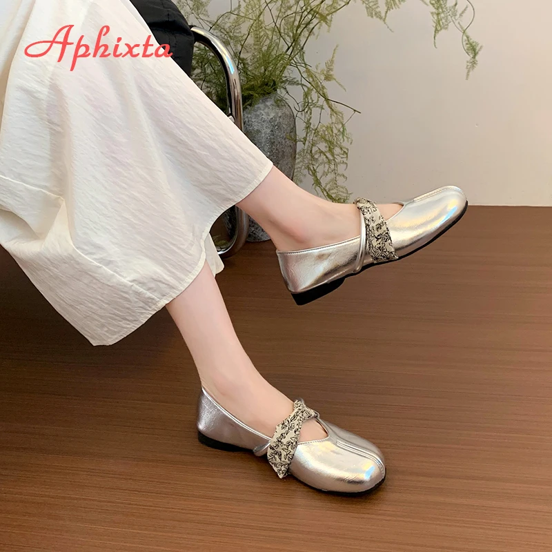 

Aphixta Silver Flat With Loafers Slip On Riband Elegant Woman Shoes Spring Autumn Soft Woman Fashion Flats Casual Shoe For Woman