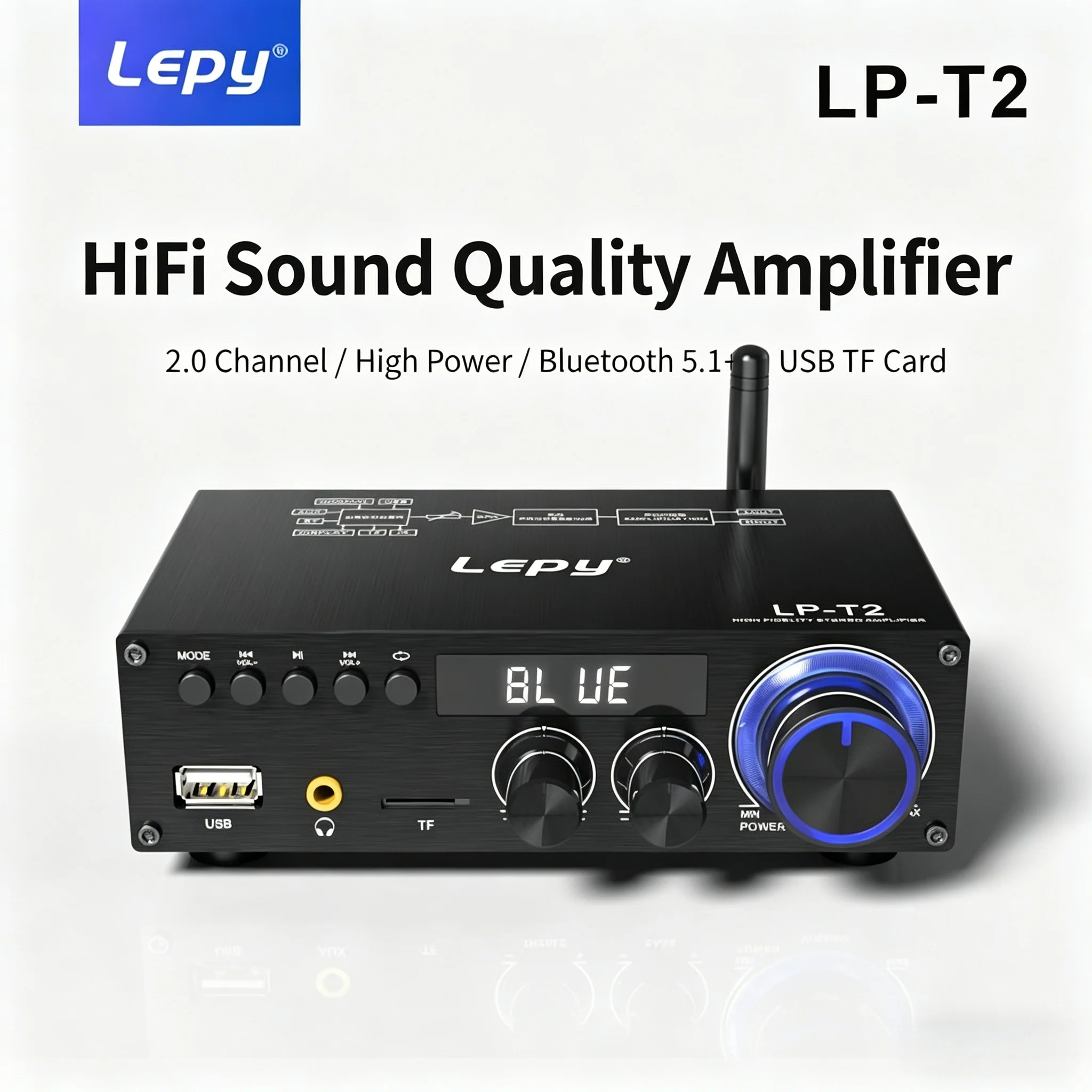 Amplificador de Audio HiFi Lepy LP-T2, Estéreo Digital de 2 Canales, Bluetooth 5.1, Mini Amplificador de Potencia para Sistema de Cine en Casa/Exterior, TF USB