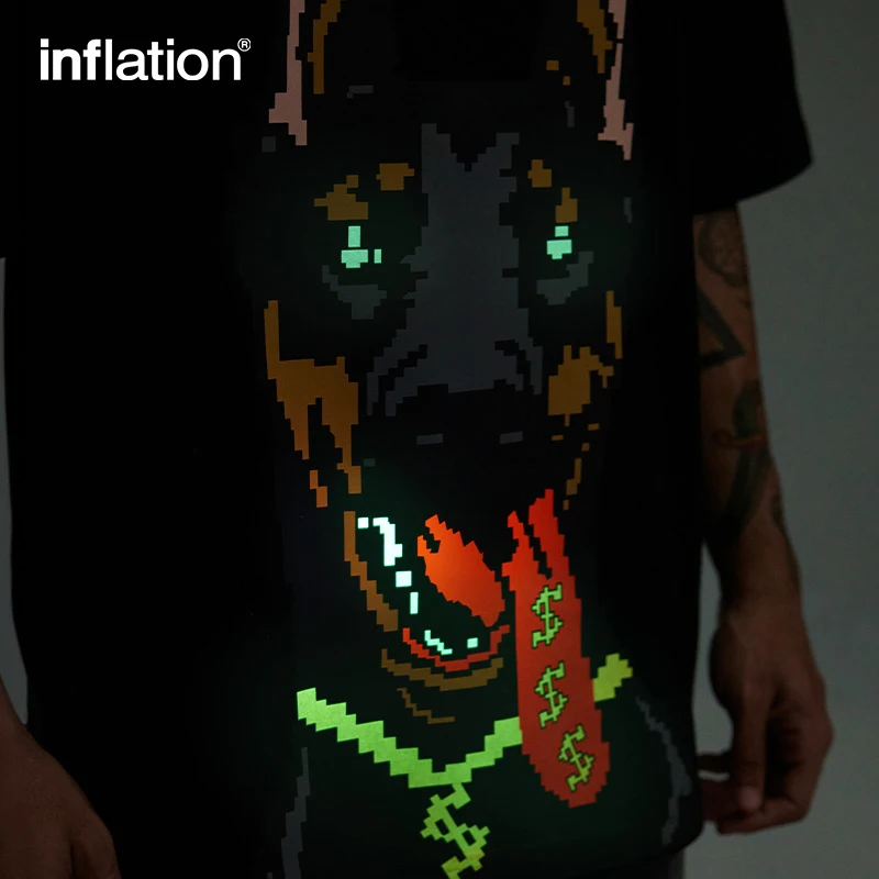 INFLATION Glow-in-the-Dark Doberman Print T-Shirt American Streetwear Loose Fit 100% Cotton Short Sleeve for Men