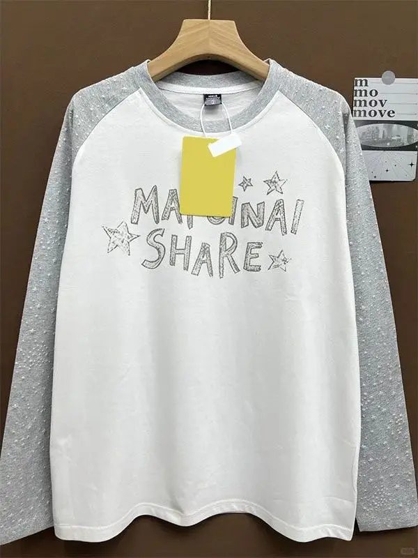 Retro American Gold Stamp Pure Cotton Long Sleeve round Neck T-Shirt Women's Spring Autumn Loose Slimming Lazy Style Color Bl...
