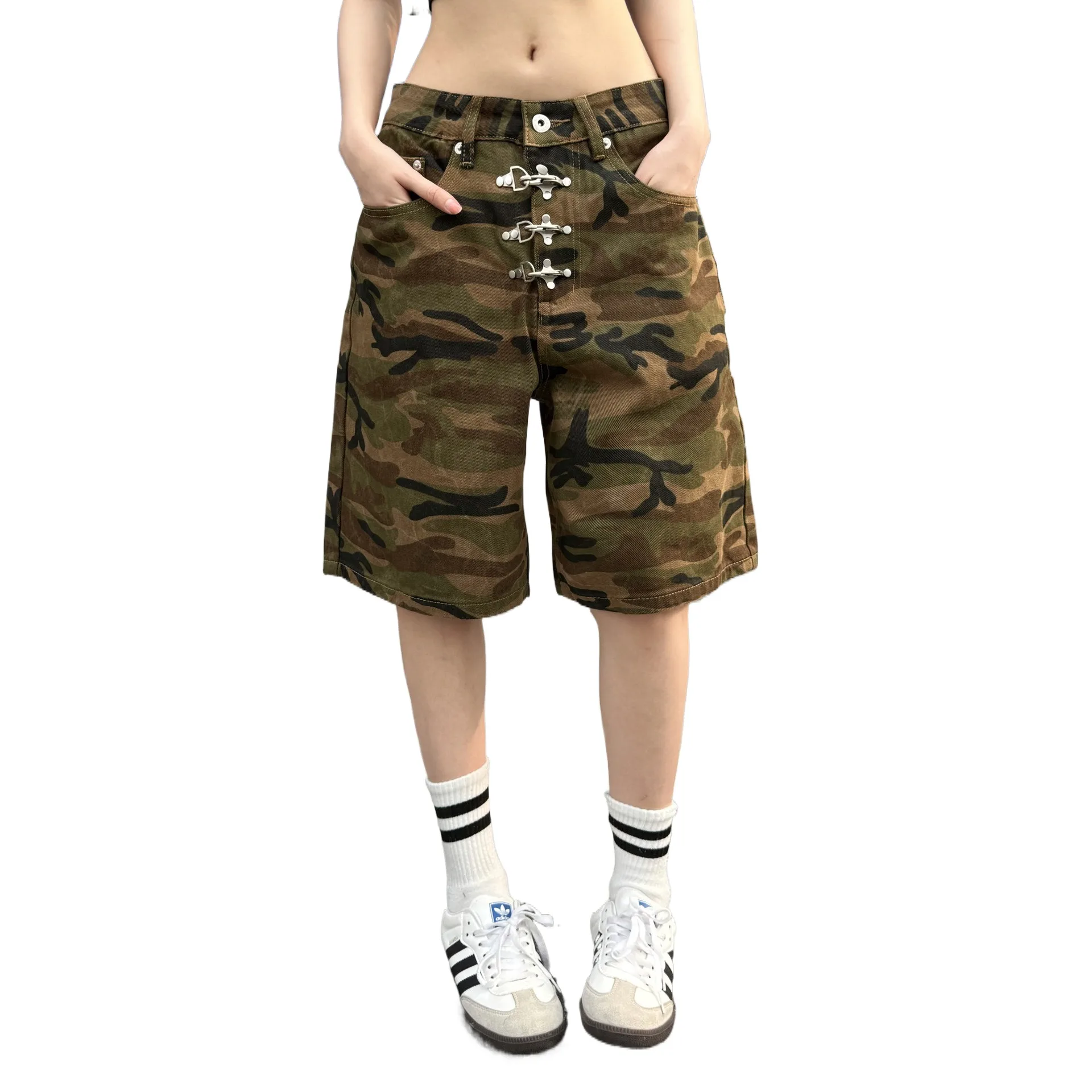 

Men's Fashion Loose Fit Y2K Camouflage Short Jeans With Plane Buttons High Street Vibe Style Hip Hop Cmao Denim Shorts