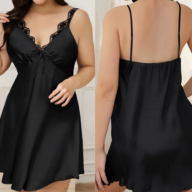 Black Sling Nightgown Women Sexy Lace Trim Sleepwear Big Size 3Xl 4Xl5Xl Homewear Short Lingerie Attractive V-Neck Nightdress