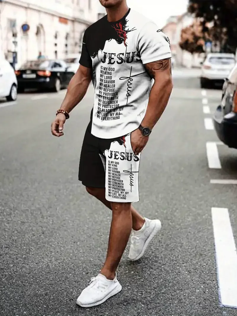 Men's Fashionable Casual Short Sleeved Shorts 3D Set