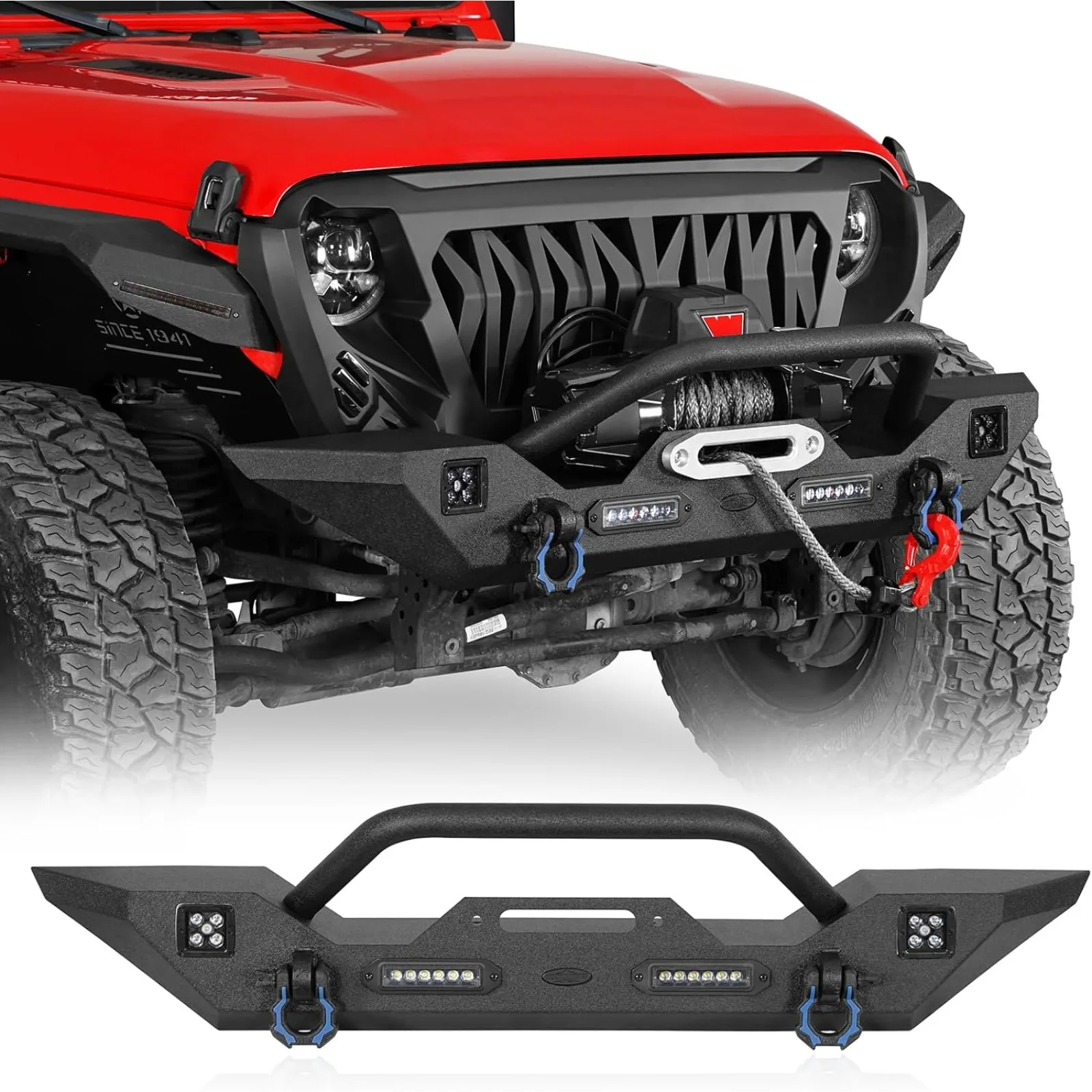 US Front Bumper for 2018-2024 Jeep Wrangler JL JLU & Gladiator JT, Offroad Steel Bumper with LED lights D-rings and Built