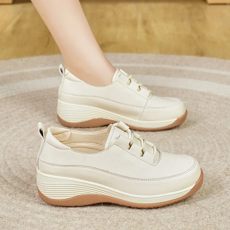2025 Trainers Spring/Summer Women's Shoes Fashion Platform Wedge Heel Casual Shoes Breathable Synthetic Leather White Sneakers