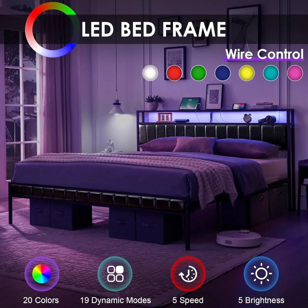 Platform Bed Frame, LED Bed Frame with PU Leather & Charging Station, 2-Tier Storage Headboard/No Box Spring Needed/Noise Free