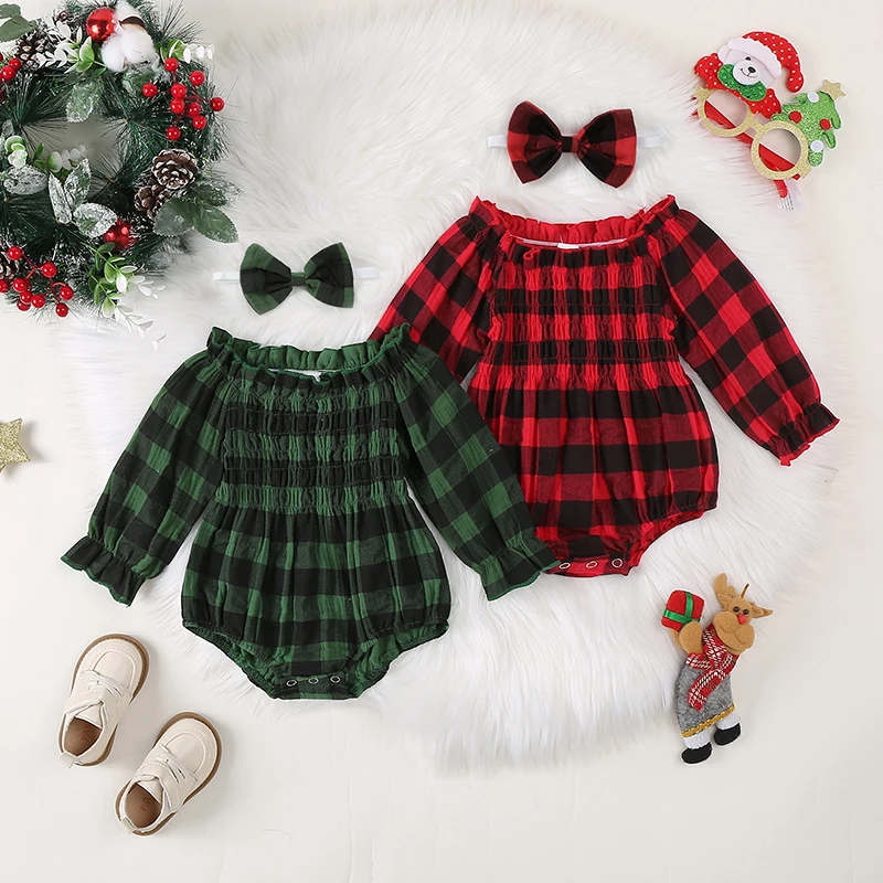 

Autumn Christmas Newborn Girl Outfit Long Sleeve Off Shoulder Plaid Bodysuit Hairband Fall Xmas Clothes