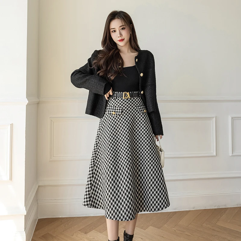 Ladies Elegant Fashion Large Hem Woolen Cloth Long Plaid Skirt  Women Clothes Girls Skirts Chic Casual Faldas Largas BPAN5035-1