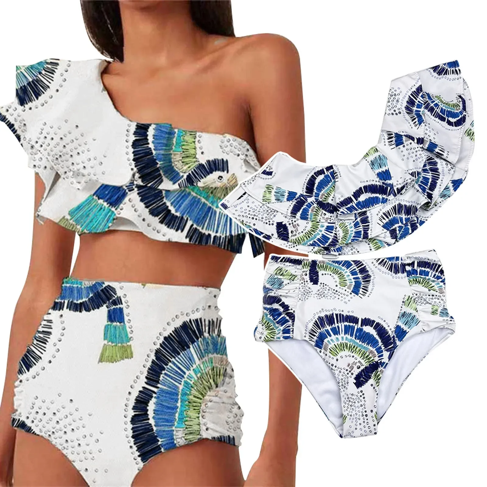 Mode à volants deux pièces Bikini large sangle épaule inclinée taille haute plissé Triangle maillot de bain élégant vacances maillots de bain