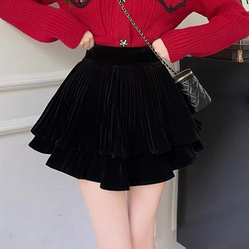 Fashionable Sweet Velvet High Waist Black Cake A-Line Skirt For Women