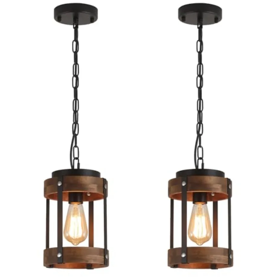 Rustic Farmhouse Wood Pendant Light Fixture One-Light Adjustable Chain Oak Wood and Metal Drum Cage Pendant Lighting for Kitche