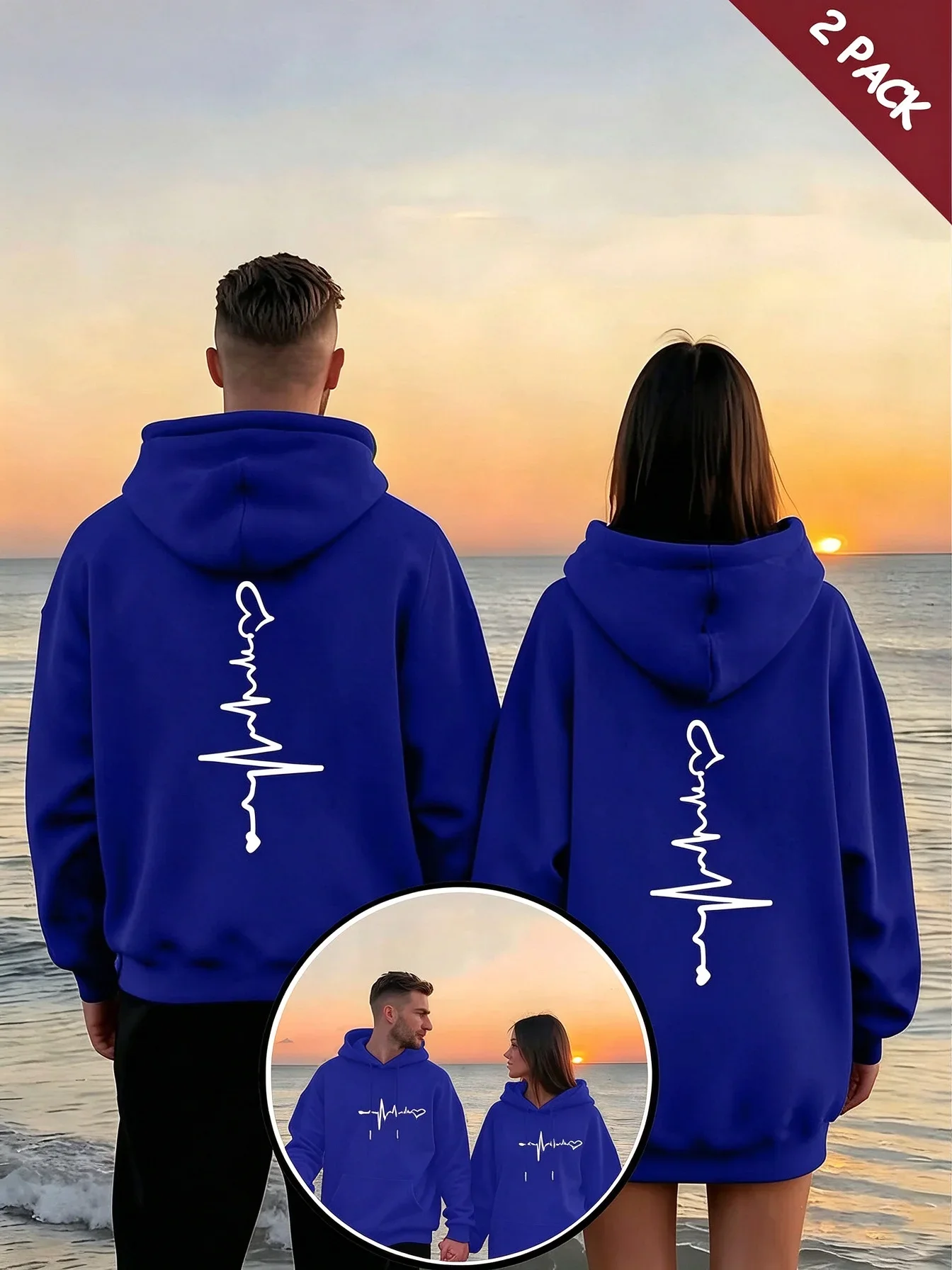 2‑Pcs Couple Hooded Sweatshirt Heart  Pattern Print Sweet Exclusive Style Skin‑Friendly Fabric Front Pocket Casual Couple Hoodie