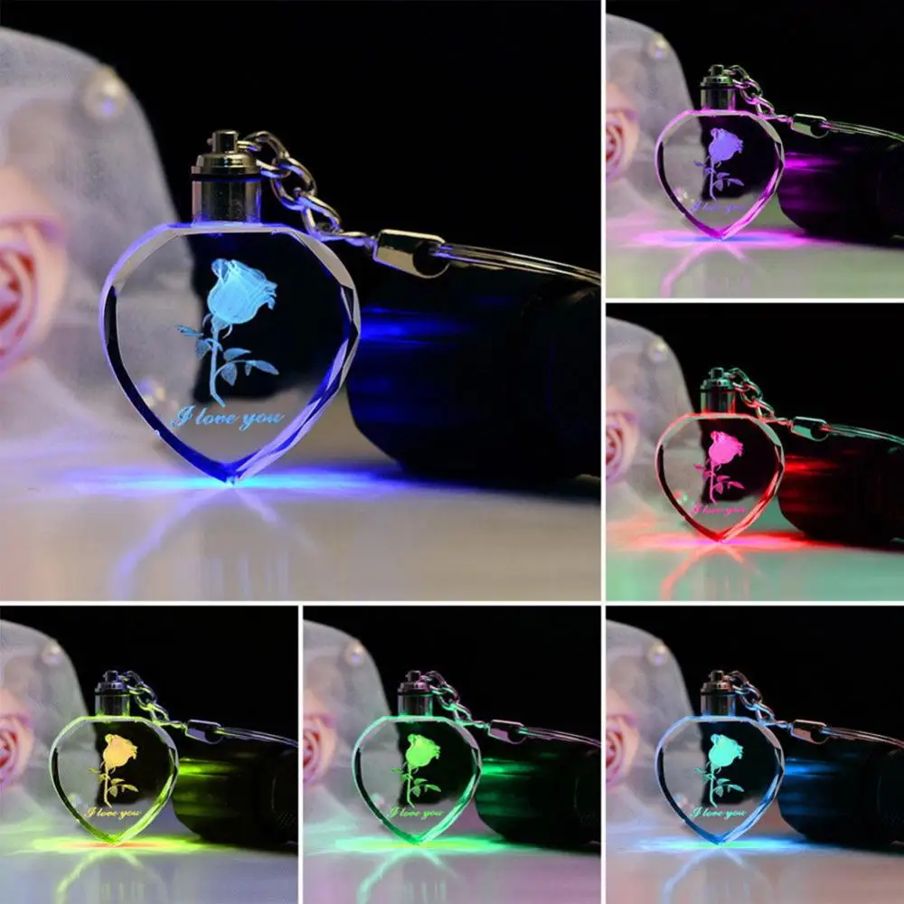 Fashion Rose Heart Car Key Chain Color Changing Flashing LED Lights Couple Keyring Car Interior Accessories