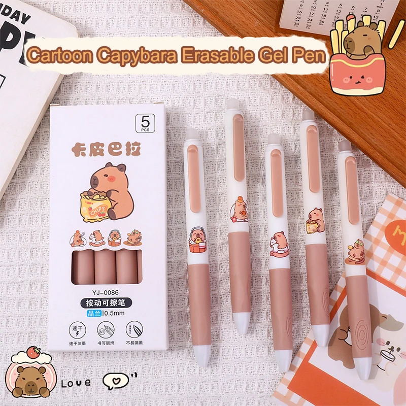 5 pçs bonito capivara gel canetas kawaii conjunto de canetas de secagem rápida azul canetas apagáveis material escolar de escritório kawaii estética papelaria