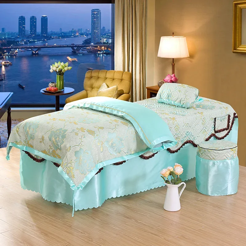 Luxury 4pcs Beauty Salon Bedding Sets Massage Spa Bedskirt+ Pillowcase+Stool Cover+Quilt Cover Sets High Quality with Insert