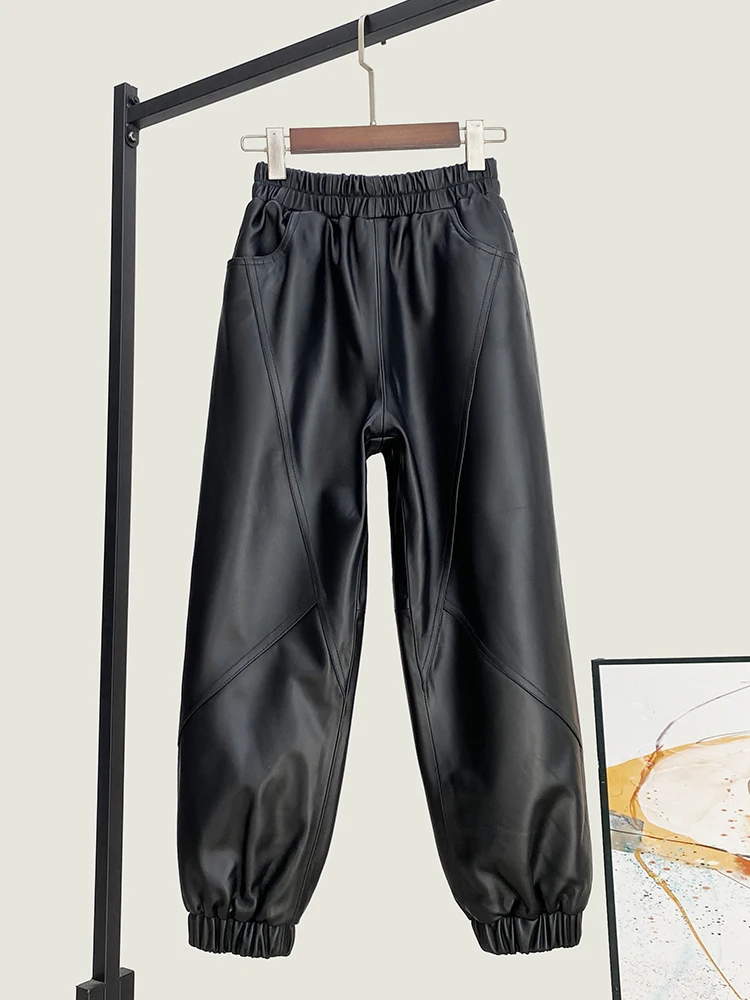 Winter New High Quality Genuine Real Leather Pants Women's Loose Waist All-Match Top Layer Sheepskin Cropped