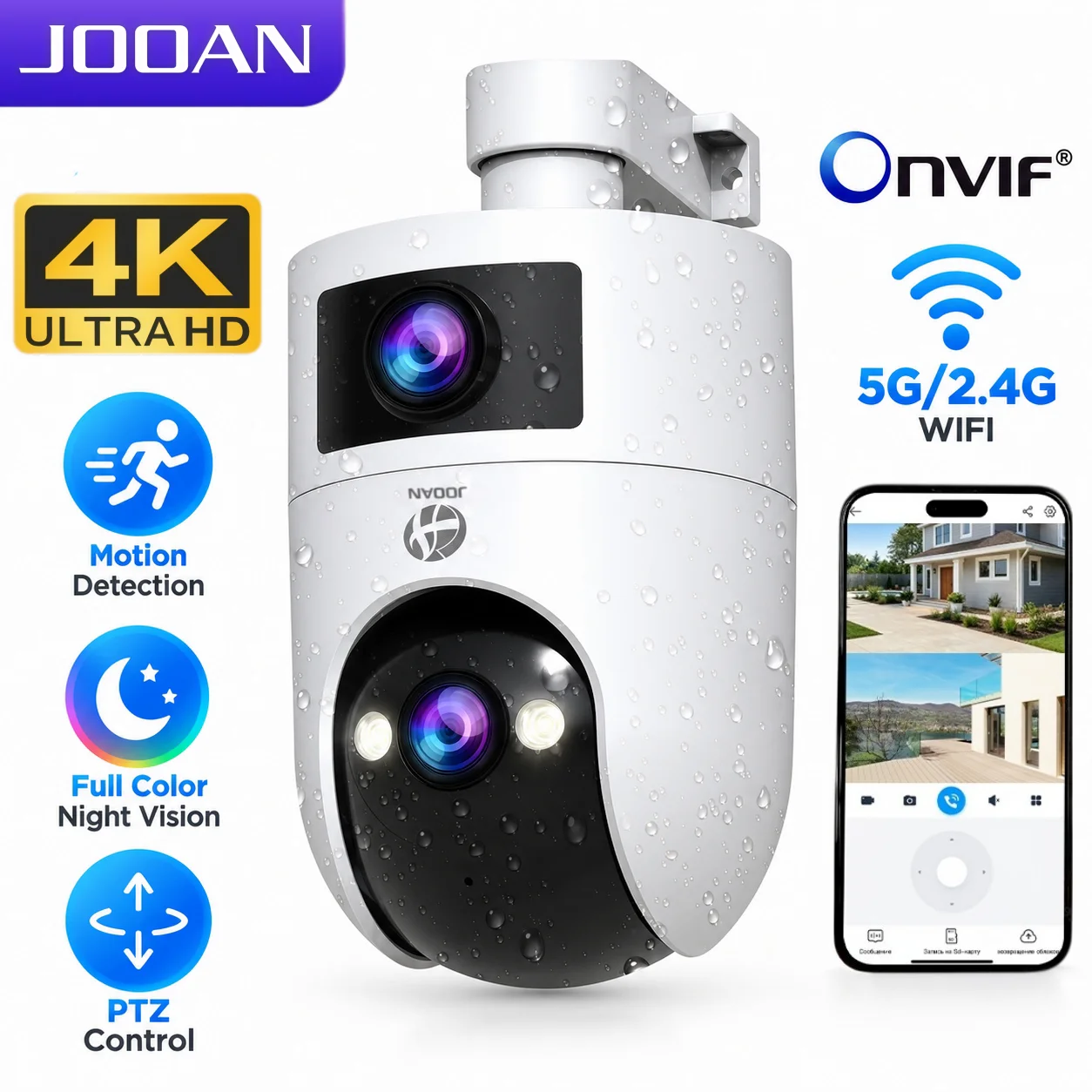JOOAN 4K 8MP Wifi PTZ Camera Outdoor Dual Screen 5X Zoom Home Security IP Camera Color Night Vision CCTV Video Surveillance