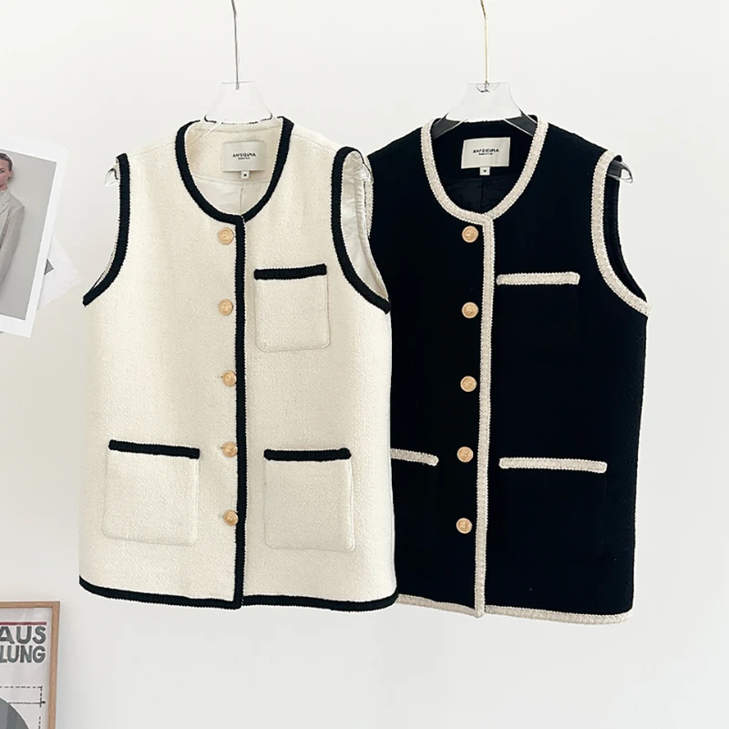 

2024 Spring New Small Fragrant Women Wool Tweed Vest Jacket Black Lace Embroidered Women's Tank Top Coat Jaqueta Feminina