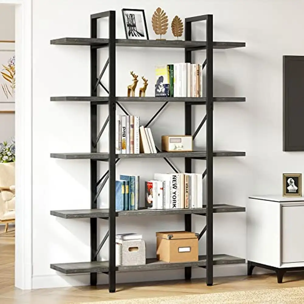 5-Tier Industrial Bookshelf Storage Organizer Home Office Living Room Durable Black Metal Frame with Unique X-Shaped Design